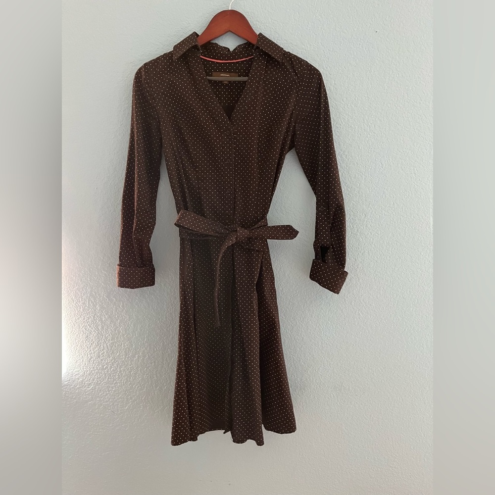 Brown with tiny dots, button down dress shirt with waist tie.